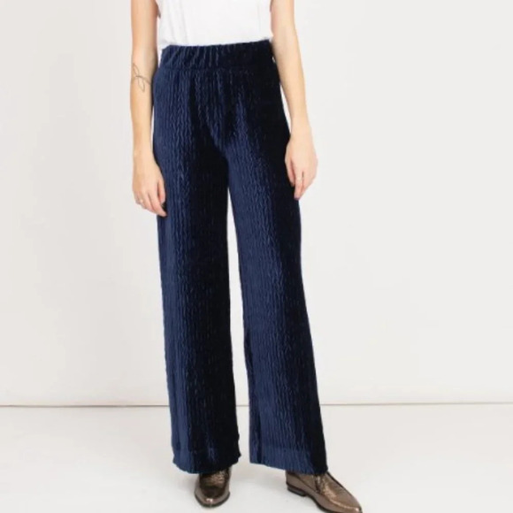 The Odells Navy Velvet Chevron Designer Wide Leg High Rise Soft Swing Pants S - Picture 1 of 9